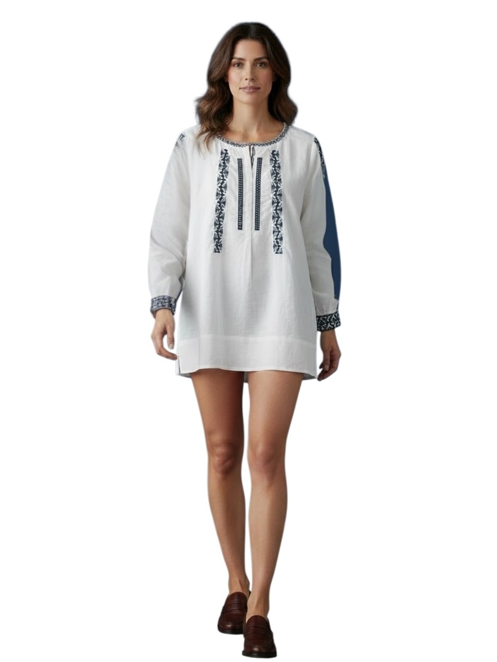 Premise White Mini Linen Dress with Navy Embroidery